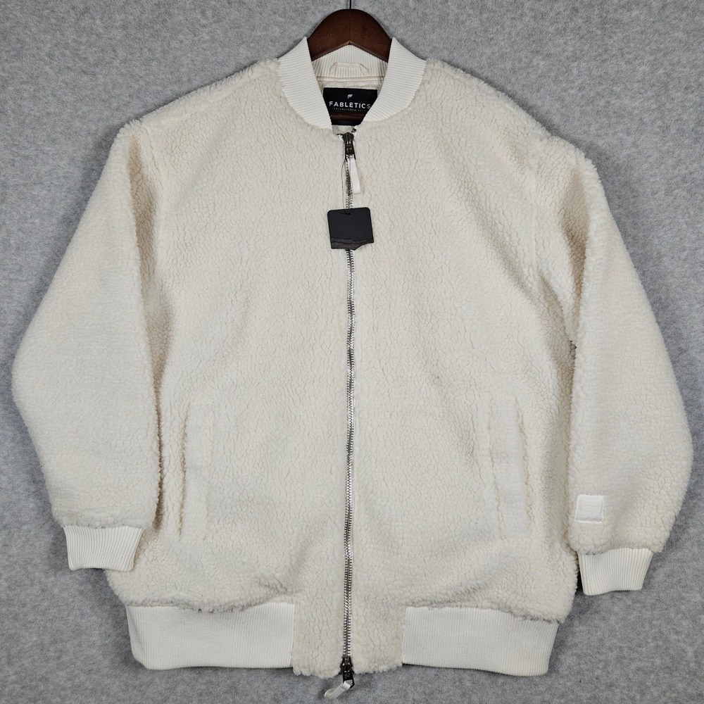 Fabletics Women's XL Cream Teddy Oversized Bomber Zip Jacket Fleece Sherpa Cozy